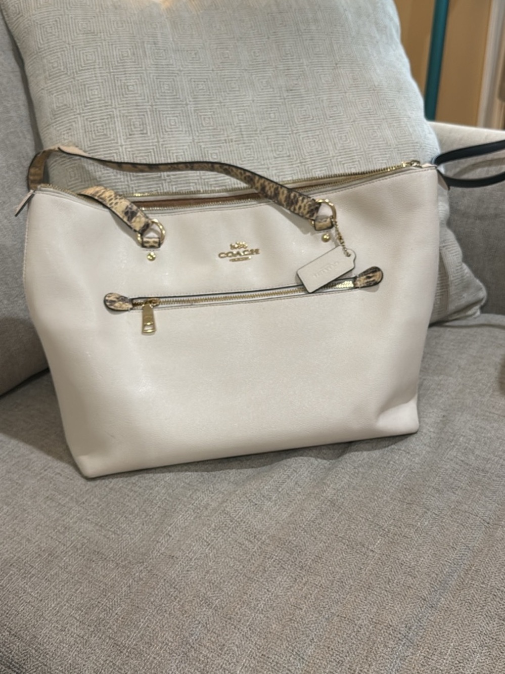 Coach Chalk Leather Tote with Snake-Print Trim and Gold Hardware